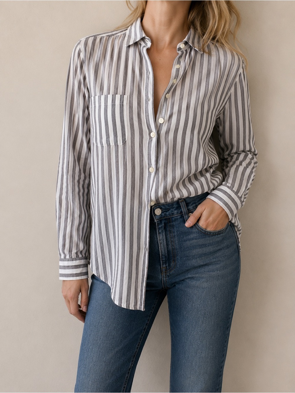 Ann Taylor Factory Gray & White Striped Button Down Cotton Shirt Size Large